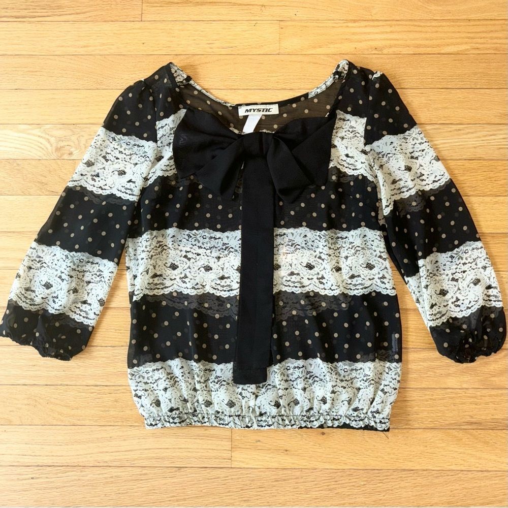 Mystic Faux Lace Bow Detail Sheer Blouse • size Medium
